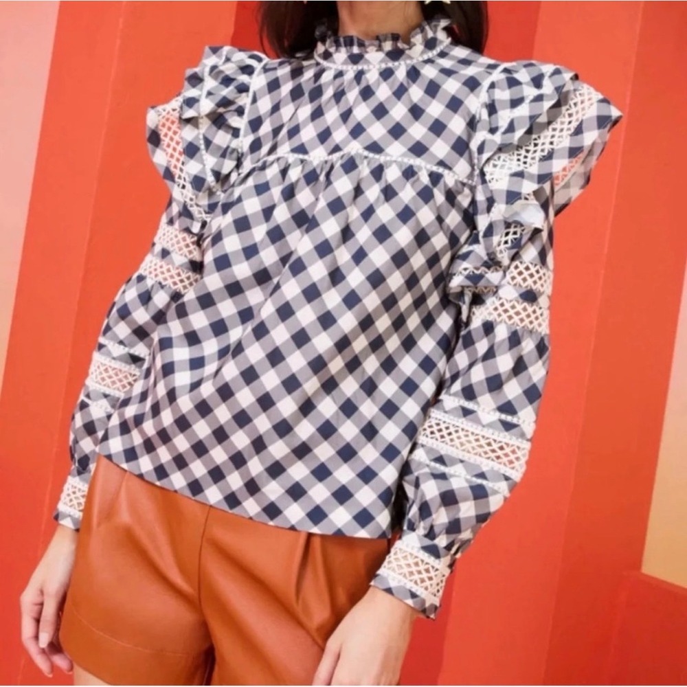 Marie Oliver Que Blouse Indigo Gingham Plaid Ruffle Lace Trim Top XS